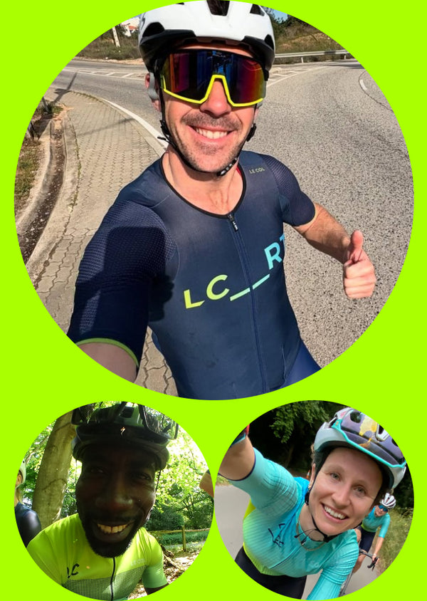 green background with three circular cyclist portrait shots