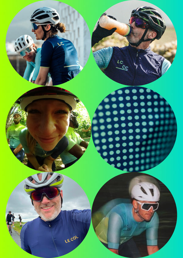 blue to green gradient background with six circular cyclist portrait shots