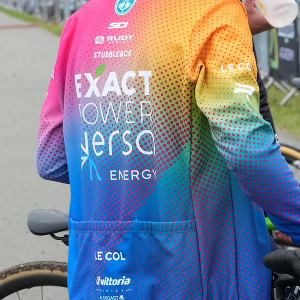 Behind shot of colourful custom design of a long sleeve jersey.