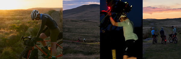 Four image collage, gravel riders going through grassy upland landscapes in the fading light.