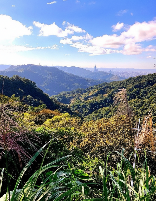 Rolling tree covered hills with a city in the distance.