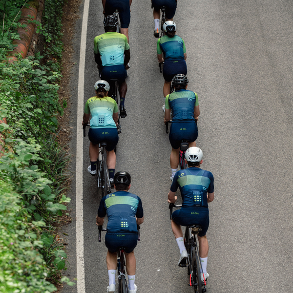 Birds-eye view of six cyclists in LC__CC Club kit 