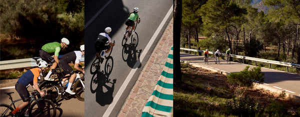 Three images, cyclists showcasing black and white, navy and saffron, and mint jerseys.
