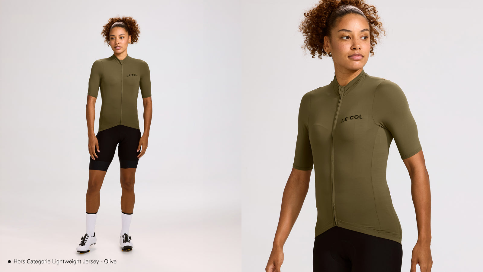 Studio shot of woman wearing an olive green jersey and black bibshorts.