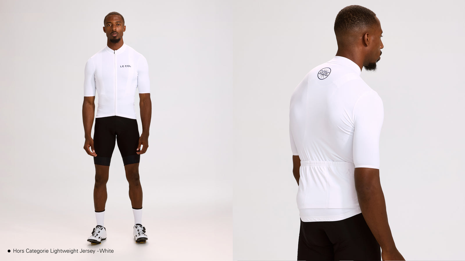 Studio shot of man wearing a white jersey and black bibshorts.