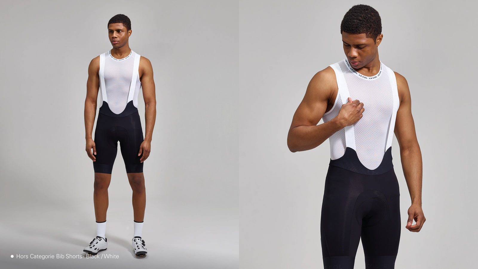 studio shot of male wearing black bibshorts with white straps
