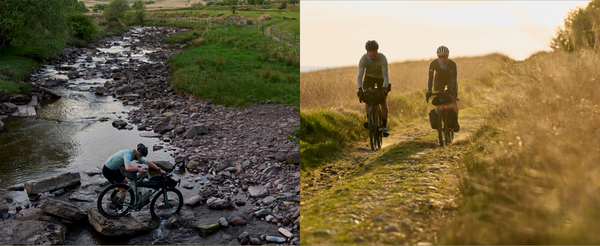 Two images, Male gravel rider crossing a rocky stream and two riders on a grassy track.