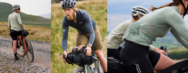 Three shots of gravel riders showcasing the Longsleeve jerseys and tops in lichen, grey and stone.