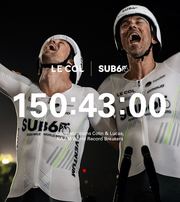 Two cyclists, arms raised in celebration. '150:43:00' RAAM world record time.
