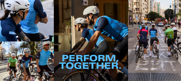 'Perform, together.' Four image collage of cyclists on Valencia's streets, showcasing the light blue and navy jerseys. 