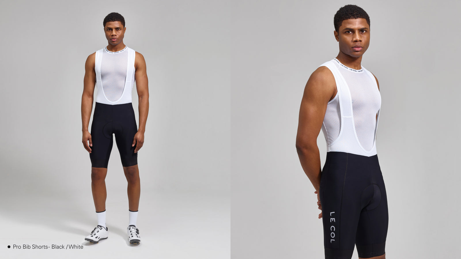 Studio shots of male wearing white and navy bib shorts