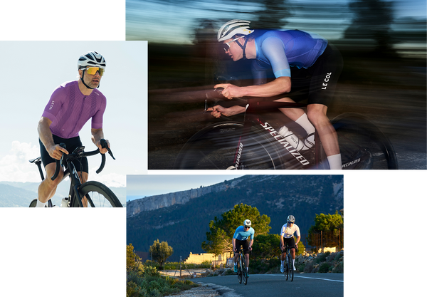 Three image collage, cyclists in blue or orchid mesh jerseys and blue or white lightweight jerseys.