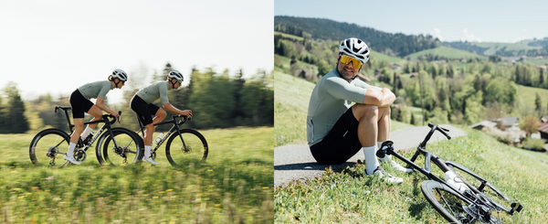 Two images, two cyclists through a meadow and male cyclist sat on the roadside, rolling hills behind.