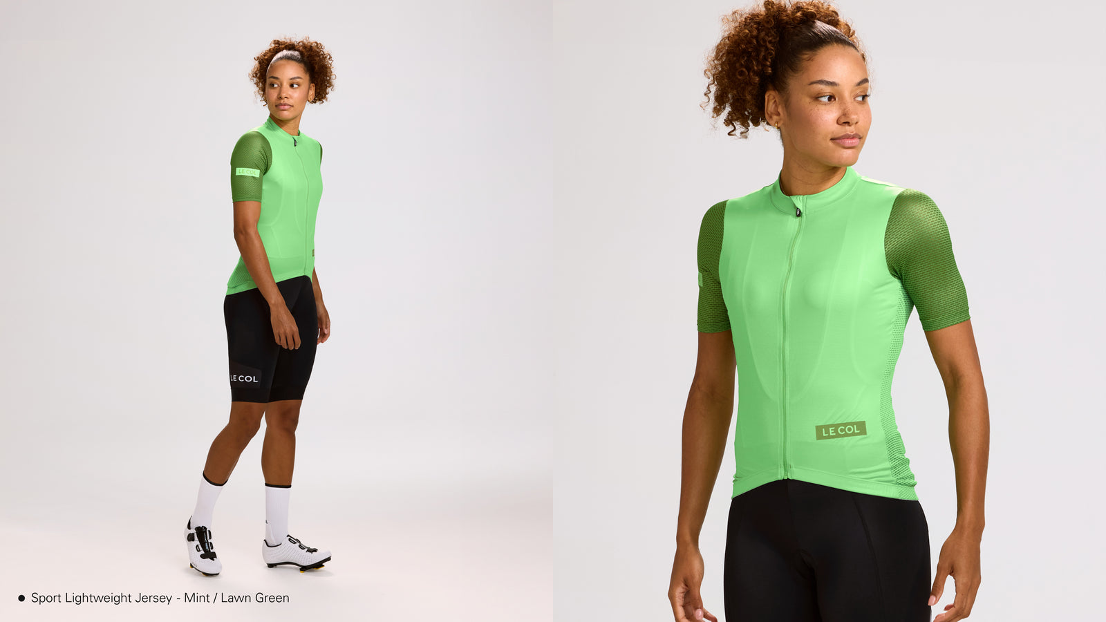 Studio shot of woman wearing mint green, lightweight jersey with green sleeves.