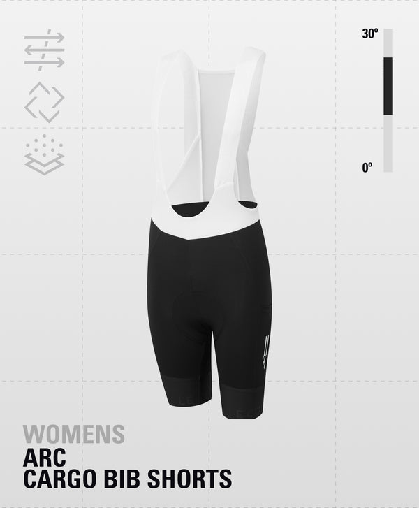 Bibshorts with white upper strap, pocketed black shorts and ARC logo horizontally just above the cuff