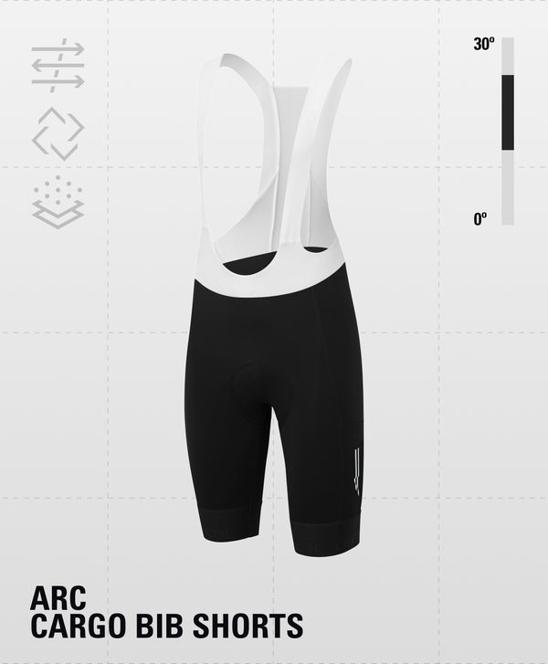 Bibshorts with white upper strap, pocketed black shorts and ARC logo horizontally just above the cuff
