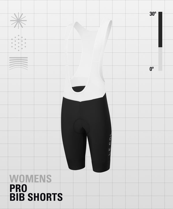 Bibshorts with white upper strap, black shorts and Le Col printed vertically just above the cuff