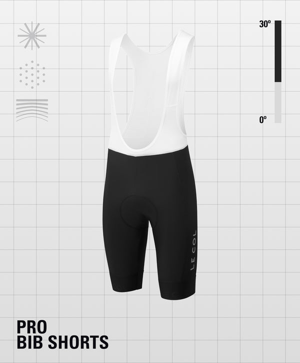 Bibshorts with white straps, black shorts and Le Col printed vertically just above the cuff