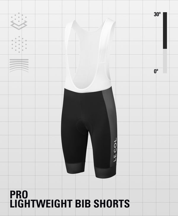 Bibshorts of a white straps, black shorts and a light mesh strip down the outer leg with Le Col printed vertically