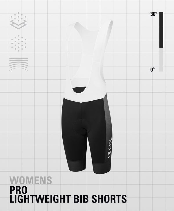 Bibshorts of a white straps, black shorts and a light mesh strip down the outer leg with Le Col printed vertically