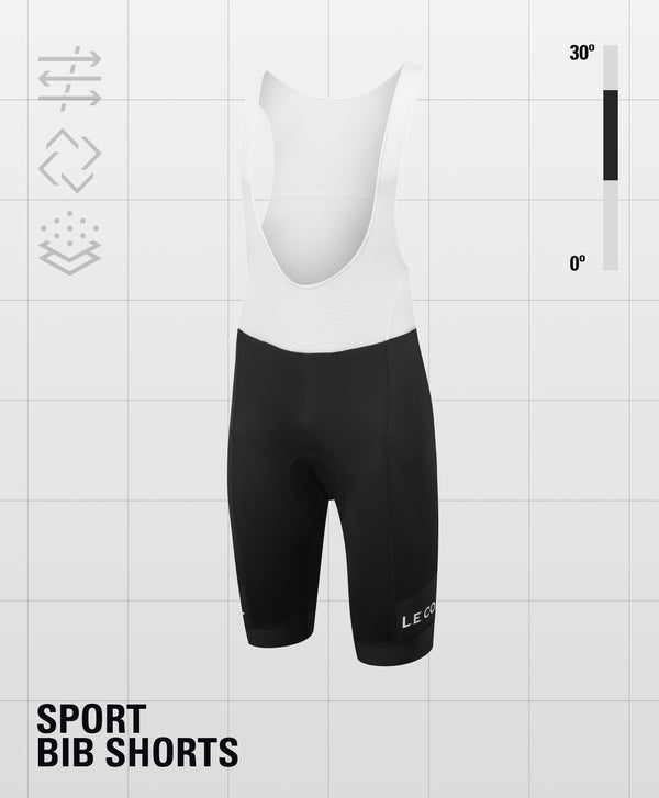 Bibshorts with white straps, black shorts and Le Col printed horizontally just above the cuff