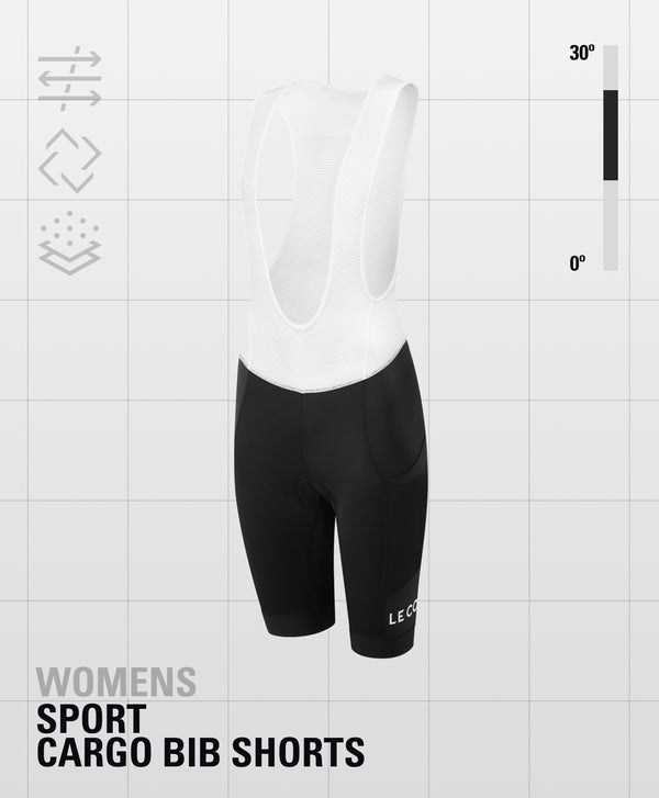 Bibshorts with white straps, black shorts and Le Col printed horizontally just above the cuff