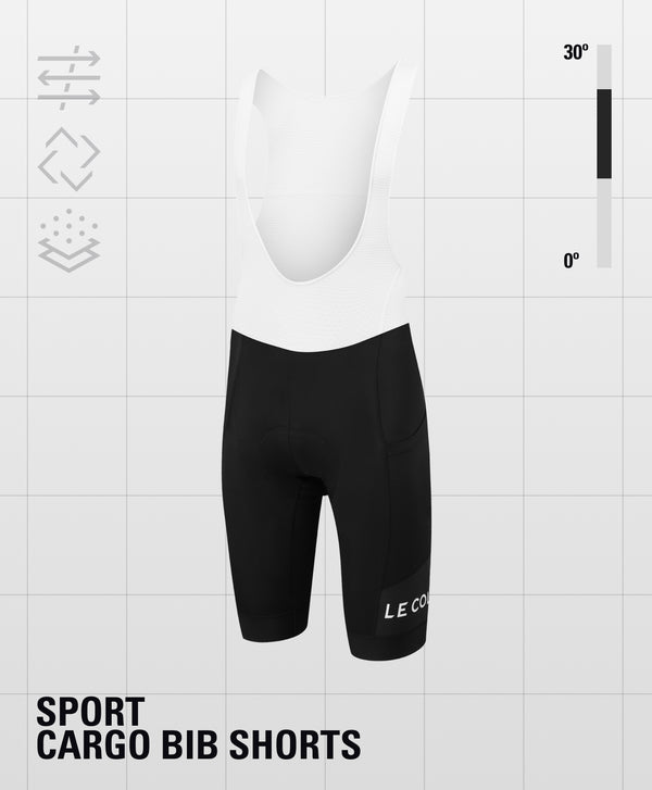 Bibshorts with white straps, black shorts and Le Col printed horizontally just above the cuff