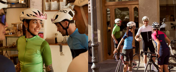 Two images, Female in a cafe in mint jersey and four cyclists outside cafe in two-tone jerseys.