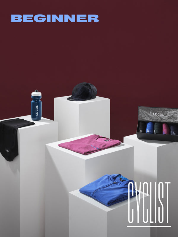 Four white square podiums with selected products.