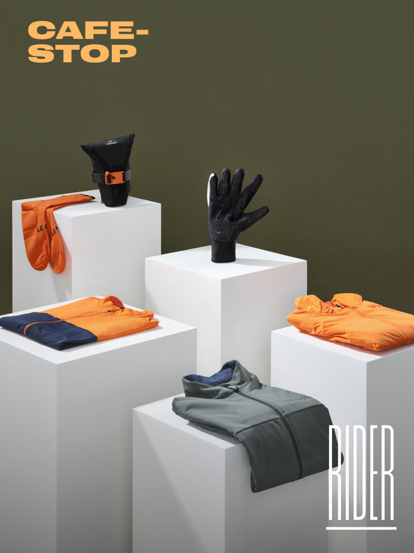 Four white square podiums with selected products.