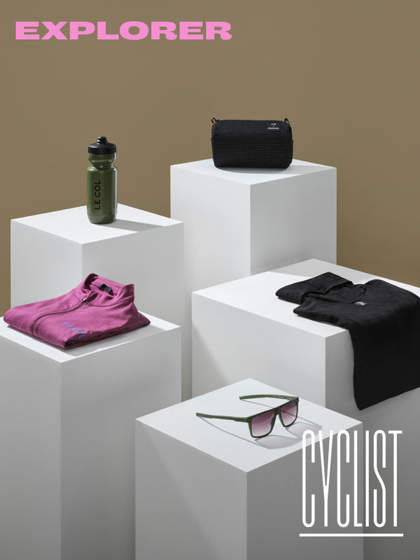 Four white square podiums with selected products.