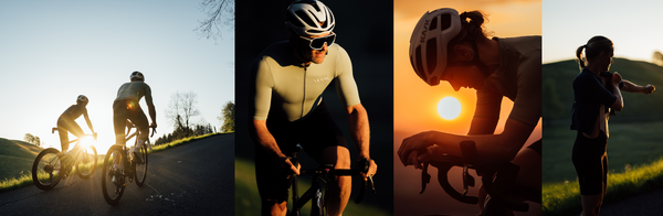 Four images, cyclists in in the fading light or setting sun.